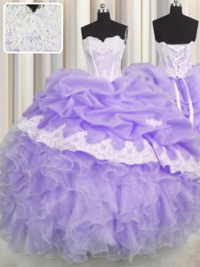 Pretty Beading and Appliques and Ruffles and Pick Ups Quinceanera Dress Lavender Lace Up Sleeveless Floor Length