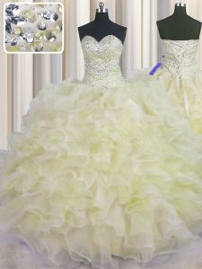 Deluxe Light Yellow Sweetheart Neckline Beading and Ruffles Quinceanera Dress Sleeveless Lace Up