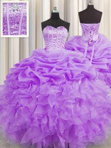 Pick Ups Visible Boning Ball Gowns Ball Gown Prom Dress Lilac Sweetheart Organza Sleeveless Floor Length Lace Up
