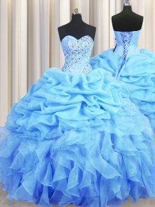 Great Baby Blue Ball Gowns Sweetheart Sleeveless Organza Floor Length Backless Beading and Ruffles and Pick Ups Sweet 16 Dresses