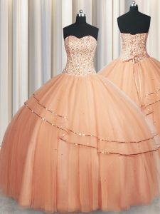 Visible Boning Really Puffy Peach Sleeveless Beading and Ruching Floor Length Dama Dress