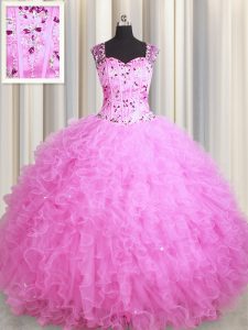 Comfortable See Through Zipper Up Rose Pink Sleeveless Floor Length Beading and Ruffles Zipper Ball Gown Prom Dress