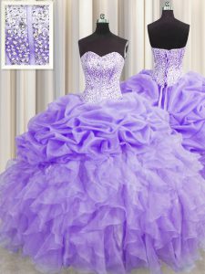 Vintage Visible Boning Sleeveless Floor Length Beading and Ruffles and Pick Ups Lace Up Ball Gown Prom Dress with Lavender