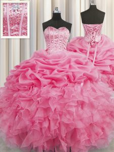 Visible Boning Rose Pink Ball Gowns Organza Sweetheart Sleeveless Beading and Ruffles and Pick Ups Floor Length Lace Up Ball Gown Prom Dress
