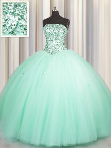 Beautiful Puffy Skirt Sweetheart Sleeveless Sweet 16 Dress Floor Length Beading and Sequins Apple Green Tulle