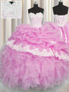 Sweetheart Sleeveless Organza Vestidos de Quinceanera Beading and Appliques and Ruffles and Pick Ups Lace Up