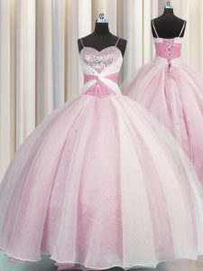 Stunning Rose Pink Spaghetti Straps Neckline Beading and Ruching Quinceanera Dress Sleeveless Lace Up