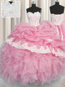 Sweet Pick Ups Ball Gowns 15th Birthday Dress Rose Pink Sweetheart Organza Sleeveless Floor Length Lace Up