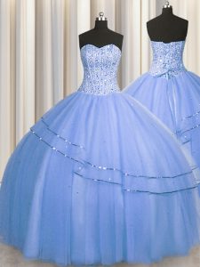 Dazzling Visible Boning Big Puffy Blue Ball Gowns Sweetheart Sleeveless Tulle Floor Length Lace Up Beading Quinceanera Dress