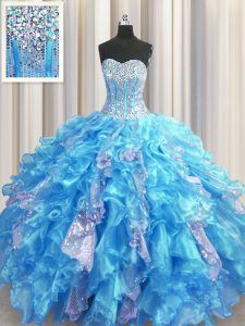 Visible Boning Floor Length Baby Blue Quinceanera Gowns Organza and Sequined Sleeveless Beading and Ruffles and Sequins