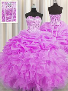 Visible Boning Lilac Ball Gowns Organza Sweetheart Sleeveless Beading and Ruffles and Pick Ups Floor Length Lace Up Quinceanera Gown