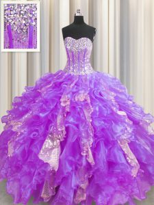 Designer Visible Boning Organza and Sequined Sweetheart Sleeveless Lace Up Beading and Ruffles and Sequins Quinceanera Gown in Lavender