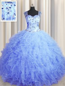 Fabulous See Through Zipper Up Light Blue Sleeveless Beading and Ruffles Floor Length Quince Ball Gowns