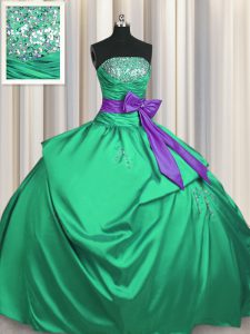 Green Strapless Lace Up Beading and Pick Ups and Bowknot Quinceanera Dress Sleeveless