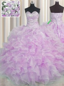 Nice Lilac Ball Gowns Beading and Ruffles Quince Ball Gowns Lace Up Organza Sleeveless Floor Length