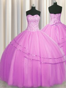 Comfortable Visible Boning Really Puffy Lilac Lace Up Quinceanera Dresses Beading Sleeveless Floor Length