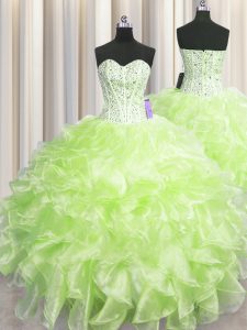 Best Selling Visible Boning Beading and Ruffles Quince Ball Gowns Yellow Green Zipper Sleeveless Floor Length