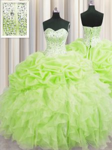 Visible Boning Yellow Green Organza Lace Up Quinceanera Gown Sleeveless Floor Length Beading and Ruffles and Pick Ups