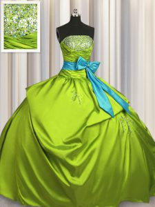 Sleeveless Floor Length Beading and Ruching and Bowknot Lace Up Vestidos de Quinceanera with Olive Green
