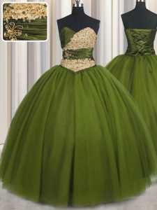 Olive Green Sweetheart Lace Up Beading and Ruching and Belt Ball Gown Prom Dress Sleeveless