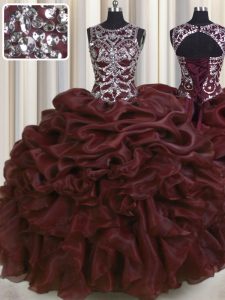 See Through Beading and Pick Ups Quince Ball Gowns Burgundy Lace Up Sleeveless Floor Length