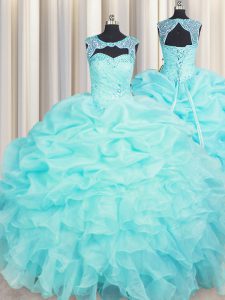 Scoop Organza Sleeveless Floor Length 15th Birthday Dress and Beading and Pick Ups