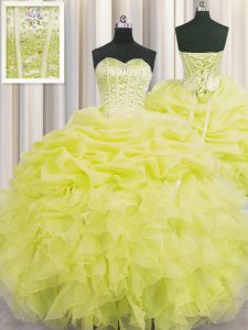 Dramatic Visible Boning Yellow Quinceanera Gowns Military Ball and Sweet 16 and Quinceanera and For with Beading and Ruffles and Pick Ups Sweetheart Sleeveless Lace Up