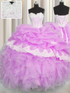 Custom Designed Lilac Lace Up Ball Gown Prom Dress Beading and Appliques and Ruffles and Pick Ups Sleeveless Floor Length