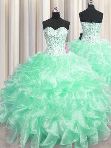 Visible Boning Apple Green Ball Gowns Beading and Ruffles Vestidos de Quinceanera Zipper Organza Sleeveless Floor Length