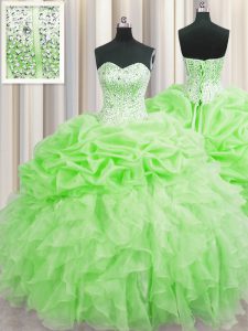 Visible Boning Organza Lace Up Quince Ball Gowns Sleeveless Floor Length Beading and Ruffles and Pick Ups