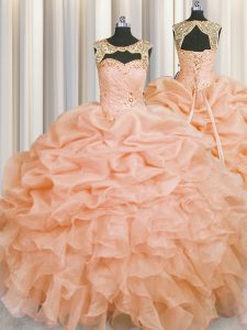 Peach Quinceanera Gowns Military Ball and Sweet 16 and Quinceanera and For with Beading and Pick Ups Scoop Sleeveless Lace Up