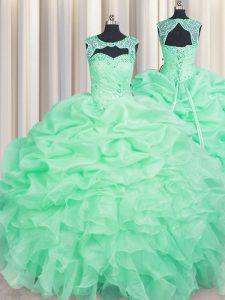 Scoop Sleeveless Sweet 16 Quinceanera Dress Floor Length Beading and Pick Ups Apple Green Organza
