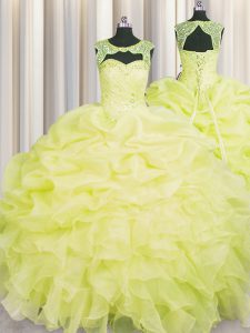 Yellow Lace Up Scoop Beading and Pick Ups Quinceanera Gowns Organza Sleeveless