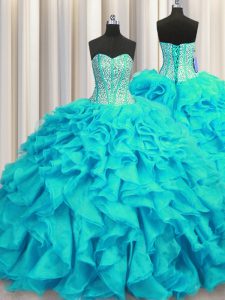 Visible Boning Aqua Blue Ball Gowns Beading and Ruffles Ball Gown Prom Dress Lace Up Organza Sleeveless