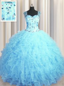 Fitting See Through Zipper Up Baby Blue Ball Gowns Tulle Square Sleeveless Beading and Ruffles Floor Length Zipper Vestidos de Quinceanera