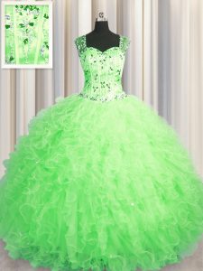 See Through Zipper Up Sleeveless Floor Length Beading and Ruffles Zipper Quinceanera Gowns with