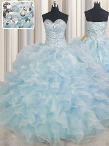 Light Blue Ball Gowns Sweetheart Sleeveless Organza Floor Length Lace Up Beading and Ruffles Vestidos de Quinceanera