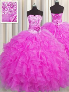 Trendy Handcrafted Flower Sleeveless Floor Length Beading and Ruffles and Hand Made Flower Lace Up Vestidos de Quinceanera with Fuchsia