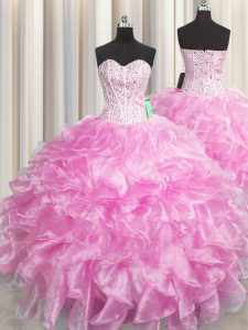 Visible Boning Zipper Up Beading and Ruffles Sweet 16 Quinceanera Dress Rose Pink Zipper Sleeveless Floor Length