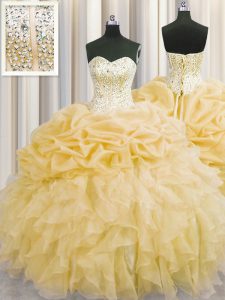 Designer Visible Boning Gold Sleeveless Organza Lace Up Sweet 16 Dresses for Military Ball and Sweet 16 and Quinceanera