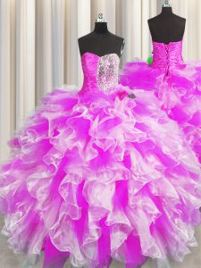 Deluxe Sleeveless Organza Floor Length Lace Up 15 Quinceanera Dress in Multi-color with Beading and Ruffles and Ruching