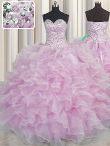 Elegant Bling-bling Lilac Sweetheart Lace Up Beading and Ruffles Quinceanera Gown Sleeveless