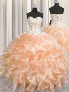 On Sale Visible Boning Zipper Up Peach 15th Birthday Dress Military Ball and Sweet 16 and Quinceanera and For with Beading and Ruffles Sweetheart Sleeveless Zipper