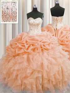Glorious Visible Boning Orange Ball Gowns Sweetheart Sleeveless Organza Floor Length Lace Up Beading and Ruffles Quinceanera Gown