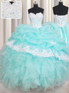 Exceptional Sweetheart Sleeveless Vestidos de Quinceanera Floor Length Beading and Appliques and Ruffled Layers Baby Blue Organza