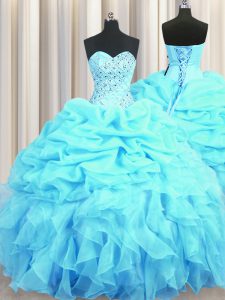 Best Selling Aqua Blue Organza Lace Up Sweetheart Sleeveless Floor Length Vestidos de Quinceanera Beading and Ruffles and Pick Ups