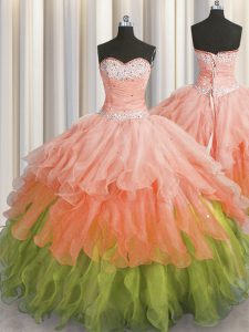 Enchanting Organza Sleeveless Floor Length Quinceanera Gowns and Beading and Ruffles and Ruffled Layers and Sequins