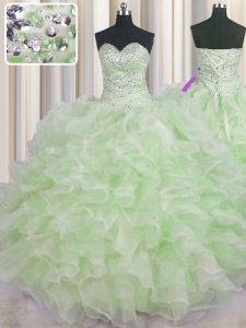Designer Green Organza Lace Up Sweetheart Sleeveless Floor Length Quince Ball Gowns Beading and Ruffles