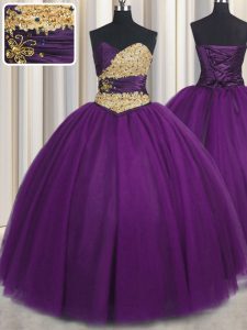 Sleeveless Tulle Floor Length Lace Up Quinceanera Dress in Purple with Beading and Appliques