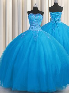 Big Puffy Blue Vestidos de Quinceanera Military Ball and Sweet 16 and Quinceanera and For with Beading Sweetheart Sleeveless Lace Up